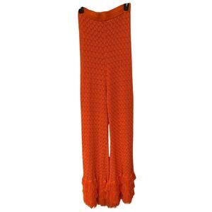 Ronny Kobo Crochet Knit Fringe Hem Pants Orange XS Boho
